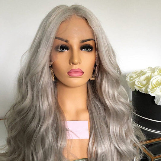 Lace Front Silver Gray Long Wavy Wig