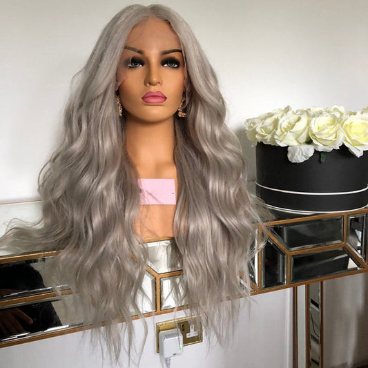 Lace Front Silver Gray Long Wavy Wig